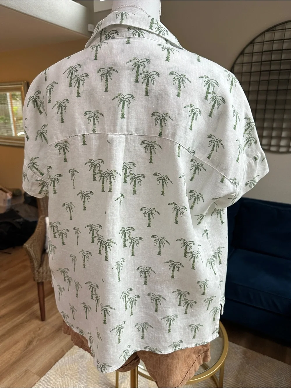 C&C California boxy short sleeve button down White Shirt with Green Palm Print